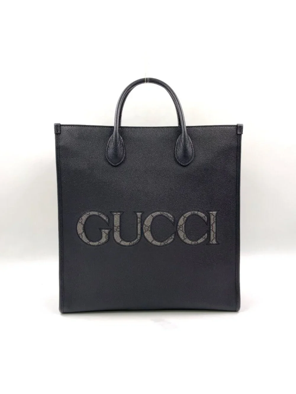 Gucci GG Supreme Shoulder Strap Leather Black Tote Bag Silver